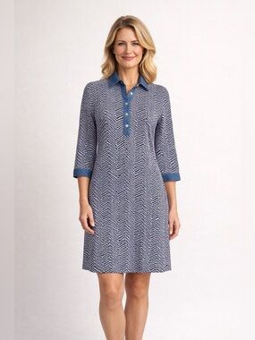 J.McLaughlin | Navy White Geometric Print Dress | Sz S | Pockets Preppy Travel